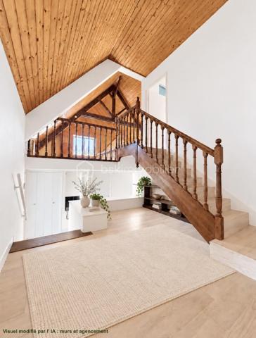 MAISON D’ARCHITECTE – 5 CHAMBRES – VIE DE PLAIN-PIED – TERRAIN 1 378 M² – GARAGE & CARPORT
Découvrez cette maison d’architecte familiale, lumineuse et sans vis-à-vis, implantée dans un environnement calme sur un magnifique terrain arboré et paysager de 1 378 m².
Elle offre de beaux volumes et une organisation idéale pour une famille, avec 4 chambres au rez-de-chaussée, dont une avec dressing et salle d’eau attenante.
La pièce de vie comprend une cuisine aménagée et équipée avec espace repas, ouverte sur un chaleureux salon-salle à manger avec cheminée. Les espaces de vie donnent directement sur deux terrasses, dont l’une dispose d’un espace repas extérieur abrité par un préau, avec vue sur le jardin.
Une salle de bains, deux WC, un débarras et de nombreux rangements complètent le rez-de-chaussée.
À l’étage : une 5e chambre, une mezzanine pouvant accueillir bureau, bibliothèque, salle de sport ou couchage supplémentaire, ainsi que des combles.
Garage, carport et cave complètent l’ensemble.
Les + : maison d’architecte, 5 chambres, vie de plain-pied, beaux volumes, luminosité, cheminée, deux terrasses, jardin paysager sans vis-à-vis, garage, carport, cave et transports scolaires desservant directement la rue.
Une maison familiale aux volumes généreux, où les espaces de vie s’ouvrent naturellement sur les terrasses et le jardin.