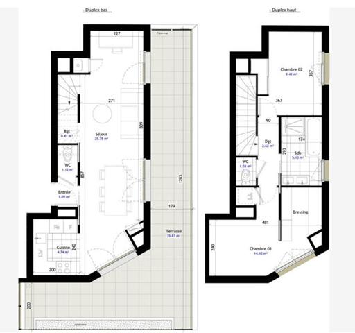 Superbe appartement, 3 pièces duplex avec terrasse de 35 m²