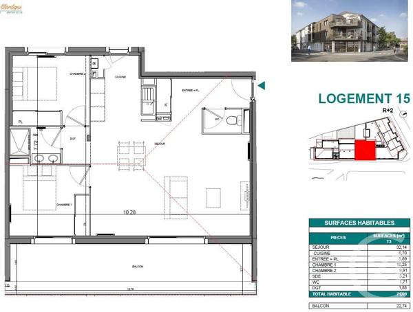 appartement à vendre  3 pièces - 71,69 m2 PARENTIS EN BORN - 40