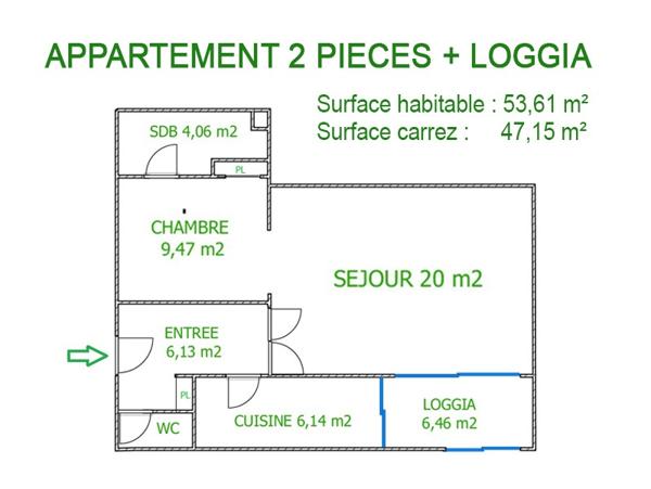 Appartement 2 pièces - 53 m² Exclusivité efficity