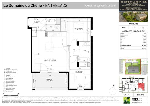 Appartement T3 à vendre  3 pièces - 63,24 m 2   ENTRELACS  - 73