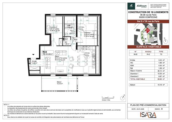 Residence Les Balcons de Paris. Appartement de 3 pièces principales 69,68  m2 situé à COMPIEGNE