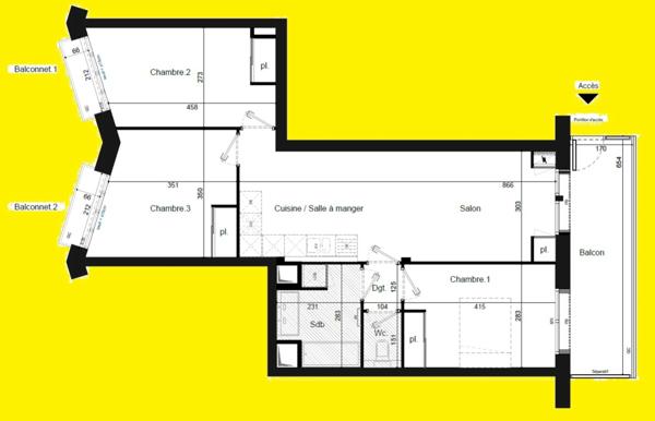 appartement T4 neuf à vendre PARIS 18e, surface hab 72.20 m2 + 3 balcons d'une surface totale de 13.90 m2