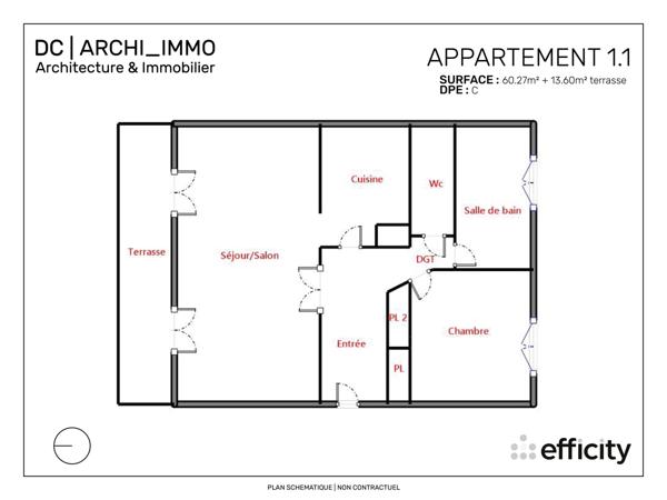 Appartement 3 pièces - 61 m² Exclusivité efficity