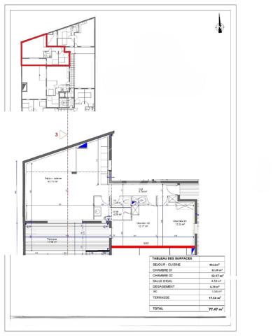 Appartement T3 77 m², terrasse et garage.