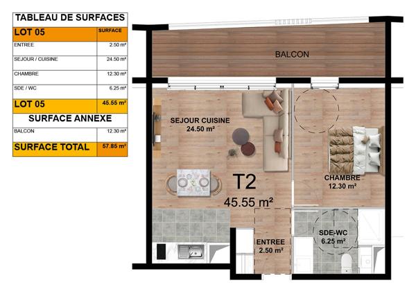 A vendre DONVILLE LES BAINS Appartement T2 46m² VUE MER