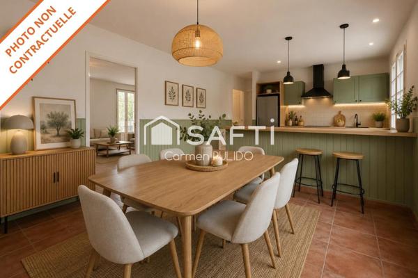 Maison de plain-pied : 2 chambres, un bureau, garage, grand terrain