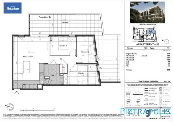 SÈTE - RÉSIDENCE HERMIONE : Appartement T4 83,2m², terrasse 52m², parking