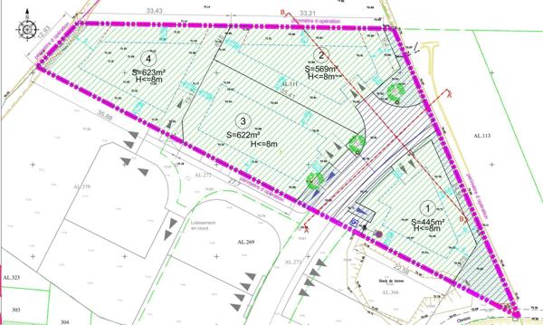 Terrain constructible 569m2 4 faces viabilisé