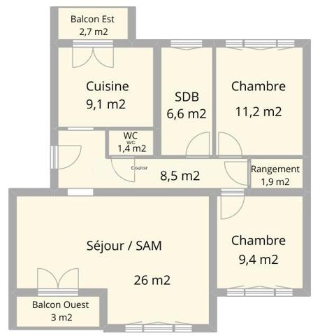 📍 SAINT-MAX (54130) – À deux pas du Tram 1, des commerces, des écoles et du cinéma.

Découvrez ce bel appartement traversant 3 pièces, avec garage, cave et balcons, très lumineux, situé dans une résidence calme et sécurisée.

Un espace d'entrée dessert d'un côté le vaste salon-séjour de 26m2 donnant sur balcon orienté Ouest et de l'autre la cuisine, équipée, et son 2e balcon orienté Est.
En avançant dans le couloir, vous découvrez ensuite une salle de bain spacieuse avec baignoire puis 2 chambres confortables.
Un espace de rangement fermé de 2m2 et des WC séparés complètent l'appartement.

Chaque pièce dispose de grandes surfaces vitrées orientée Est ou Ouest avec volets roulants électriques.

L'appartement est situé au 2e étage sur 3 sans ascenseur (avec RDC surélevé de quelques marches).

Lien vers visite virtuelle disponible sur demande