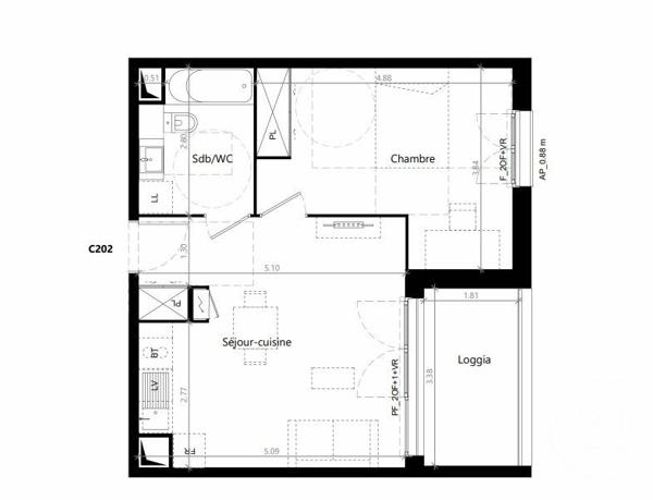 Appartement F2 à vendre  2 pièces - 45,04 m2 VILLENAVE D ORNON - 33