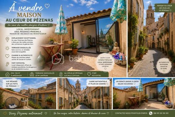 PÉZENAS CENTRE — MAISON DE VILLE 130 m² + TERRASSE + LOCAL COMMERCIAL RENTABILITE POSSIBLE


 La  combinaision rare : maison de charme + terrasse + local commercial à 650 €/mois
Une vraie pépite en plein cœur de Pézenas.
130 m² de caractère, une terrasse tropézienne, une vue imprenable sur la collégiale… et surtout un local commercial indépendant qui génère eventuellement 650 € de revenus mensuels.
Un bien qui coche toutes les cases : style, emplacement, rentabilité.

🧱 Rez-de-chaussée : Le local qui rapporte
Un espace pro rénové, prêt à l’emploi :

3 pièces en enfilade

Murs en pierre

Point d’eau, Wc 

Cave voûtée (20 M2)

Deux entrées indépendantes

 Rentabilité locative : 650 €/mois  
 Idéal pour profession libérale, location commerciale ou revente séparée.
Un vrai booster de revenus dans une maison de ville.

Entrée Séparée , un escalier vous méne au :

 1er étage : Le cœur de vie

Cuisine équipée

Salon lumineux

Salle de bain + WC

Un espace chaleureux, parfait pour vivre Pézenas au quotidien.

 2e étage : Le cocon familial
3 chambres dont :

Chambre avec douche + WC

Deux chambres en enfilade, dont une avec mezzanine


Terrasse Tropézienne avec vue imprenable sur la collégiale Saint‑Jean


Un étage intime, baigné de lumière, qui respire la tranquillité.

 Les + qui font la différence
Maison atypique, pleine de charme

Terrasse tropézienne et son point d'eau, et veranda

Local commercial indépendant rentabilité possible  650 €/mois, minimun

Vue historique exceptionnelle

Double usage : habitation + activité pro / investissement

Ou possibilite de faire rejoindre les deux espaces sans gros travaux

Emplacement premium au cœur de Pézenas