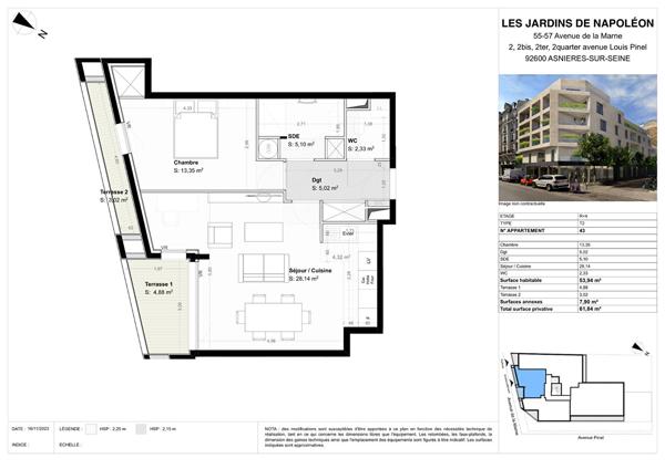 Asnières Gare Appartement 2 pièces 54 m² avec terrasse 5 m²