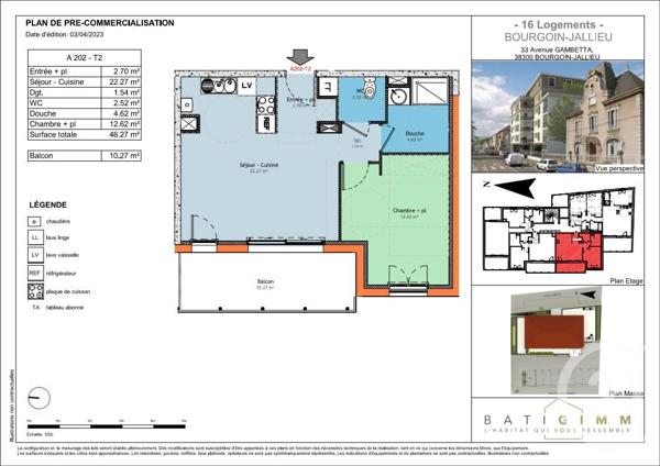 Appartement T2 à vendre  2 pièces - 46,27 m2 BOURGOIN JALLIEU - 38