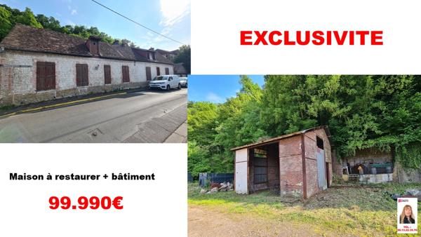 Exclusivité - Les Andelys centre - Maison en pierre  d'environ 140 m2  + une grange à rénover sur 1.297 m2 de terrain plat  - Prix : 99.990