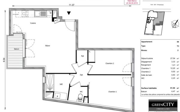 Appartement à vendre    3 pièces • 61,04 m2 Paris 20