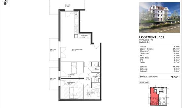 Appartement 3 pièces 72m²