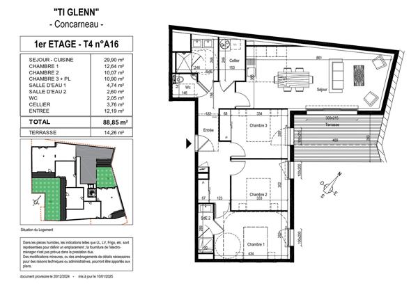 Résidence "TI GLENN" à vendre appartement 4 pièces de 88.85 m² au centre Ville de Concarneau