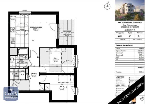 Location appartement Schiltigheim (67300) 3 pièces 58.5m²