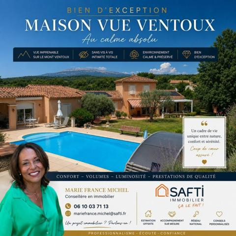 Vue dégagée sur le Mont Ventoux, aucun vis-à-vis, piscine, garage et proximité des commerces. Sur un superbe terrain de 2 136 m², cette villa de 165 m² allie confort, tranquillité et qualité de vie dans un cadre privilégié.