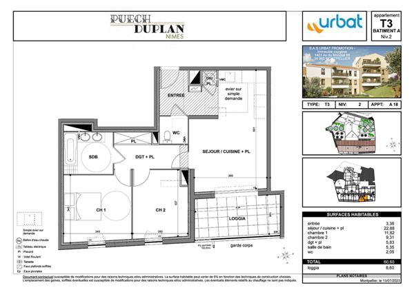 Appartement Nimes 3 pièce(s) 60.60 m2