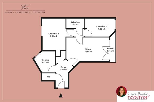 Appartement T3, 61 m2 avec balcon et stationnement