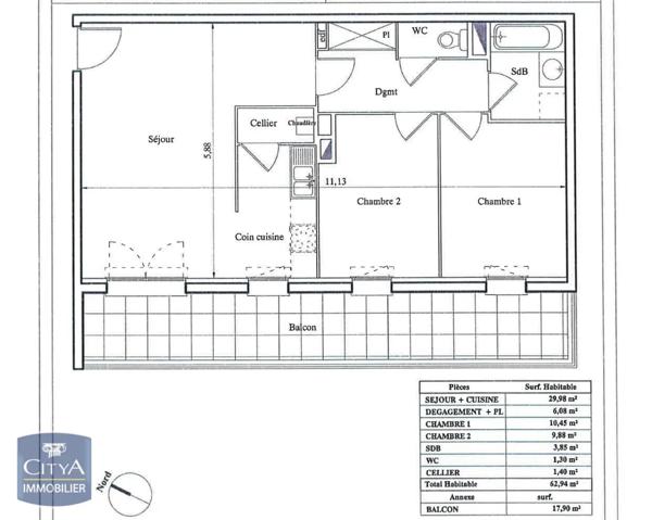 Appartement à louer 3 pièces 62.94m²