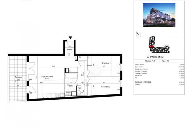 T3 68 m² troisième étage avec terrasse de 14,50 m², Béziers (Avenue du Président Wilson)