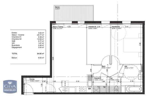 Appartement à louer 3 pièces 64.8m²