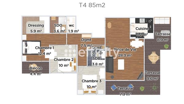 Appartement 4 pièces - 85 m² Exclusivité efficity