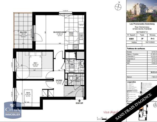 Location appartement Schiltigheim (67300) 3 pièces 58.53m²