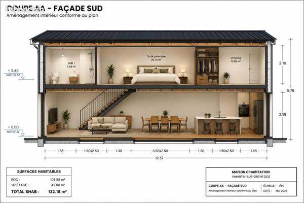 Maison à VIMARTIN SUR ORTHE, 53160 - 5 pièces 132m²