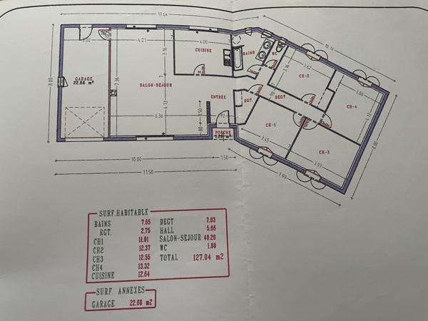 Maison de plain pied, 4 chambres, garage