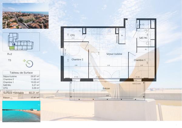 À 150 m de la plage. T3 lumineux de plus de 60 m² exposé Ouest avec 2 parkings
