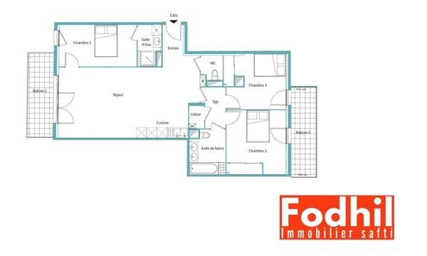 Appartement familial 4 pièces 87 m² avec 3 chambres, 2 balcons et 2 parkings.