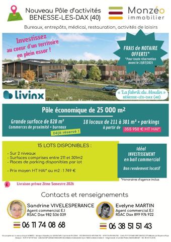 LOTS EN VEFA BUREAUX, ENTREPOTS, MEDICAL, RESTAURATION, ACTIVITES DE LOISIRS à BENESSE LES DAX