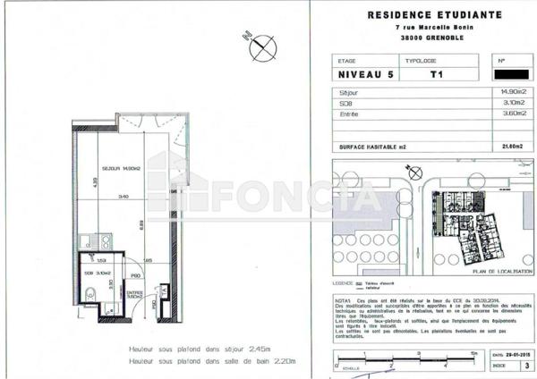 À vendre Studio 21.48 m² - Grenoble 38000