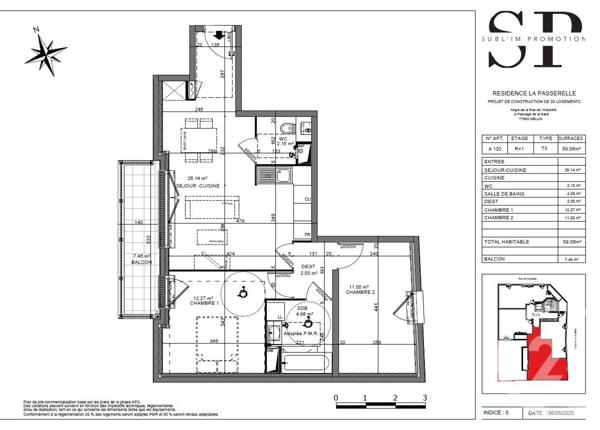 Appartement F3 à vendre  3 pièces - 59,06 m2 MELUN - 77