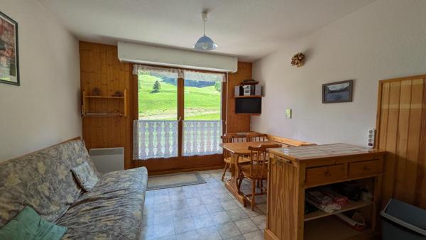 Deux pièces atypique de 43 m2 avec balcon + terrasse de 12m2  exposé sud offrant une vue dégagée sur les alpages et montagnes environnantes.