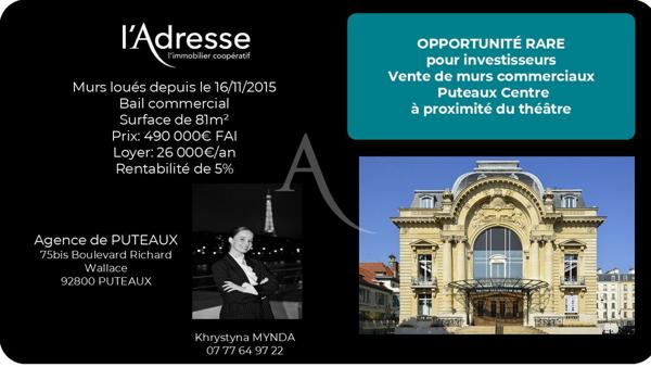 Vente murs commerciaux loués (26 000€ / an)/Centre ville PUTEAUX