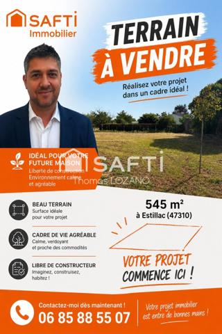 Terrain constructible de 545 m2 Estillac (47310) , viabilisé