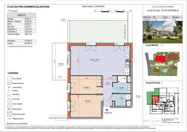 appartement à vendre 3 pièces - 69,29 m2 ESTRABLIN - 38