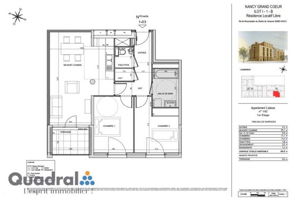 NANCY - APPARTEMENT 3 pièces - 64 m2 + BALCON + PARKING