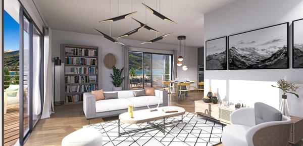 Appartement à vendre 3 pièces avec terrasse vue Lac et Montagnes sur SAVINES LE LAC (05) , Dans une résidence en construction style villa plein Sud ,livrable été 2026
