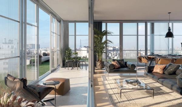 appartement T5 neuf à vendre PARIS 14e, surface hab. 102.60 m2 + balcons + jardin d'hiver 23.30 m2.
