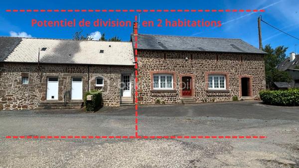 Maison en pierre en sortie de bourg avec fort potentiel pour habitation principale ou investissement locatif.

Cet ensemble immobilier comprend :
-	Une maison d’habitation d’environ 98 m2 qui se compose d’une cuisine équipée, un salon séjour, 2 chambres et 1 bureau, une salle d’eau avec douche, une buanderie
-	Un 1er grenier aménageable d’environ 35 m2
-	Un 2ème grenier aménageable d’environ 75 m2
-	 Un garage indépendant d’environ 50 m2 + 1 appentis dans le prolongement
-	Un hangar d’environ 300 m2 (possibilité de stockage professionnel, location de stationnement caravanes, campings car,…)
-	Le tout sur une parcelle de 1850 m2

Ce bien offre la possibilité de créer 2 maisons totalement indépendantes avec extérieurs privatifs (les ouvertures et accès indépendants existent déjà, il suffit de fermer un mur) ainsi que des espaces pour une activité de location de stockage. 

Un bien parfait pour un investissement ou projet mixte : habitation + activité
