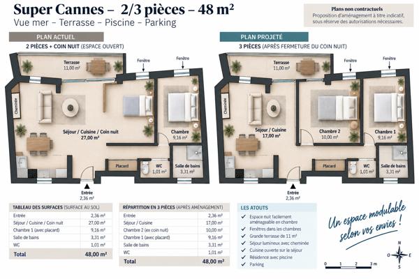 Super Cannes - 2P - 48 m² - Vue mer - Terrasse - Piscine - Parking - Potentiel 3P