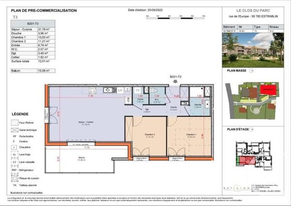 appartement à vendre 3 pièces - 72,01 m2 ESTRABLIN - 38