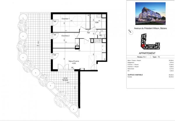 T3 de 66 m² avec terrasse de 48 m², exposée Ouest à deux pas du Polygone