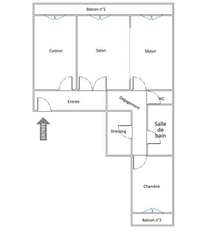 T2/T3, 1 ch, salon/séjour (2e ch poss.), cuis, sdb, dressing. 8e asc, balcon 10m², cave, parking.